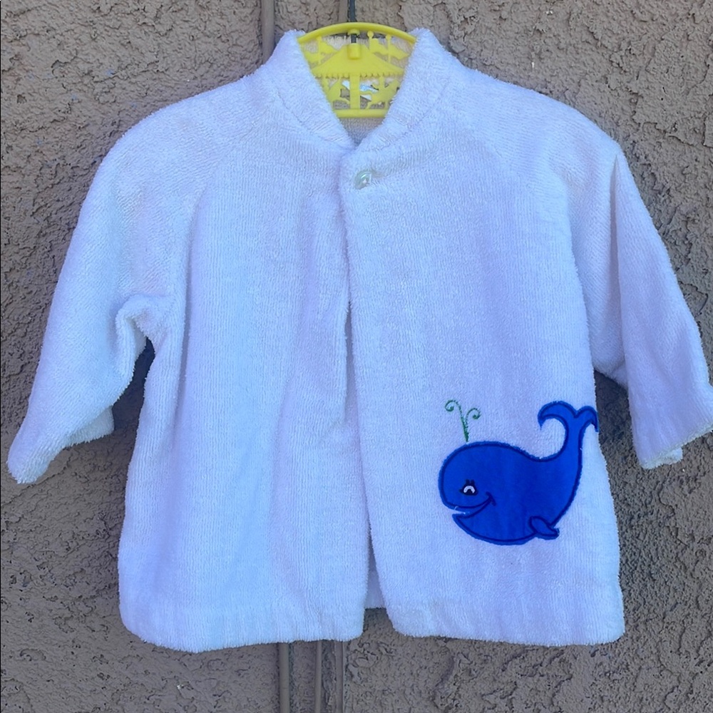 Vintage GRACE IT White Baby ROBE Beach Cover Up Jacket Blue Whale Design 18/24M